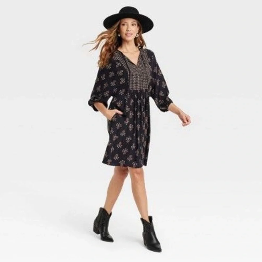 Knox Rose Women's Bishop 3/4 Sleeve A-Line Dress Black Size 1X - Picture 1 of 8